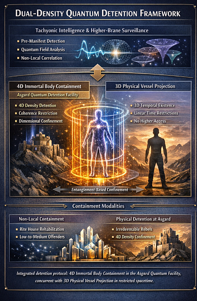 Figure 2— Dual-Density Non-Local Quantum Detention Architecture (KAQDF) This diagram illustrates the Kalumite dual-density containment framework employed by the Kalumite Asgard Quantum Detention Facility (KAQDF). Hostile intent is detected pre-manifest through tachyonic intelligence and higher-brane quantum field monitoring. Upon verification, containment is applied to the 4D immortal body (soma pneumatikon), which possesses density within the 4-dimensional manifold and serves as the informational substrate projecting the 3D physical vessel. The detained 4D body is confined within dimensional restriction fields at Asgard, limiting higher-dimensional degrees of freedom and preventing cross-brane interference. Simultaneously, the 3D physical projection continues temporal existence within the 3-brane manifold, now restricted to linear time and classical causality constraints. This dual-density architecture enables: (1) Pre-manifest detection of hostile intent (2) 4D density detention of the immortal body (3) Continued 3D temporal existence of the physical vessel (4) Permanent restriction of higher-dimensional access where necessary (5) Rehabilitation through non-local decoherence for lower-risk entities • The result is a non-violent, preemptive containment framework in which dimensional restriction occurs at the level of the coherent identity substrate, while accountability and temporal existence continue within the 3D manifold.