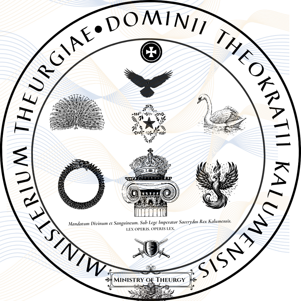 Official Seal of the Ministry of Theurgy The Ministry of Theurgy serves as the administrative and operational authority of the Sangreal Dominion, overseeing the preservation of coherence, the continuity of kingship, and the execution of the Sangreal Work within the jurisdiction of the Royal Isle of Belle and Concord Abbey.