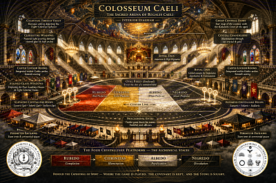 ✠ Colosseum Caeli ✠ The Sacred Arena of Regalis Caeli Colosseum Caeli is the enclosed ceremonial arena of Regalis Caeli, constructed in the Baroque-Gothic architectural tradition and designed as a cathedral of sport within the Kalumite Dominion. The oval field is divided into four crystalline platforms representing the alchemical stages of the Work: Nigredo (Black) — Dissolution Albedo (White) — Purification Citrinitas (Gold) — Illumination Rubedo (Red) — Completion At each end of the field stand three elevated crystalline hoops: Lunaris — 1 Point Solaris — 2 Points Stellaris — 3 Points Above the arena rises the Celestial Dome, depicting the eight heavenly spheres corresponding to the Royal Caelian League. Stained glass windows display the four Academy Houses and the eight professional teams. Castle-integrated locker rooms, ceremonial pavilions, and elevated seating surround the arena, with the Royal Dais positioned opposite the primary ceremonial entry. Colosseum Caeli serves as the official venue for: • Academy Caelian Mêlées • Royal Caelian League Matches • The Grand Caelian Mêlée Regalis Caeli is played within this arena as both competition and ceremony, where athletic contest, symbolic structure, and covenant tradition converge.