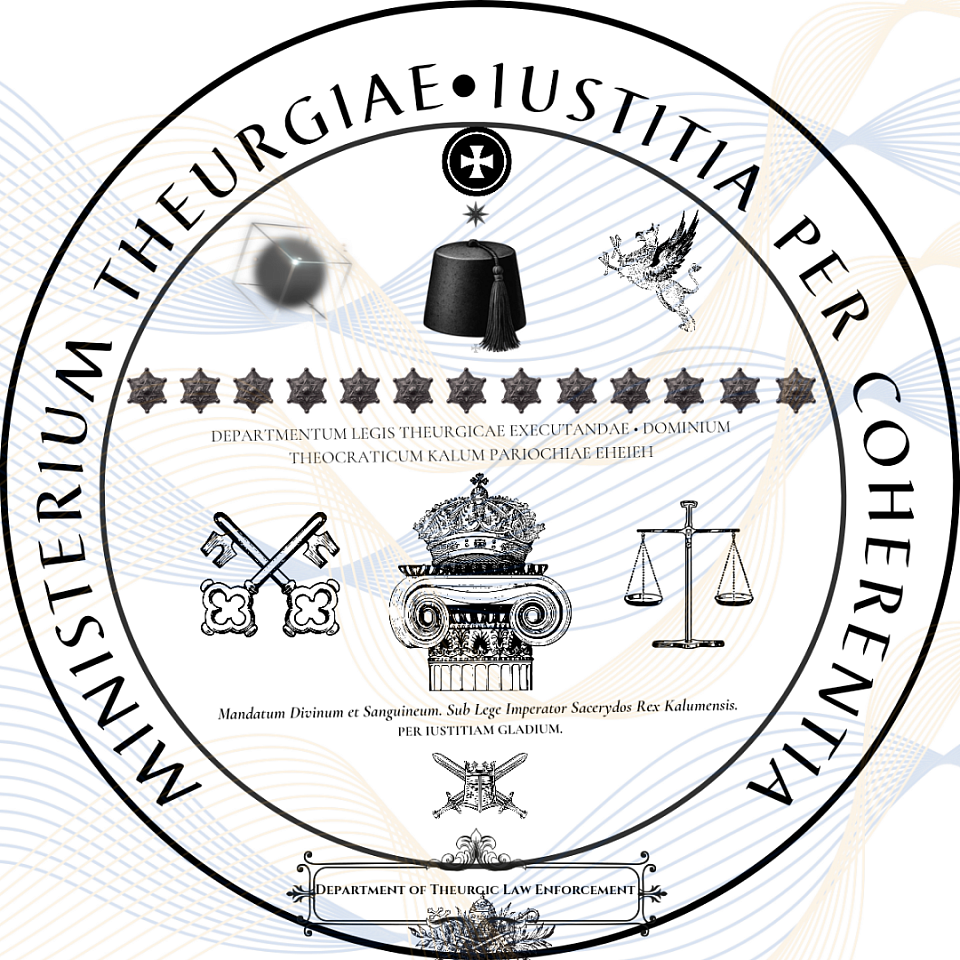 Official Seal of The Department of Theurgic Law Enforcement. DTLE officers are vested in the Black Fez of Judgment. The Black Fez, in the martial tradition of the Templars, marks the Prefect-Enforcer charged with discipline, defense, and execution of the Sovereign’s Mandate, as guardians of both temporal and spiritual order. • Sigillum Officiale Departmenti Theurgicae Legis Executandae. Praefecti Departmenti Theurgicae Legis Executandae pileo nigro iudicii vestiuntur. Pileus niger, in traditione militari Templariorum, Praefectum-Executorem designat qui disciplinae, defensioni et exsecutioni Mandati Summi Imperatoris praeest, tam ordinis temporalis quam spiritualis custos.