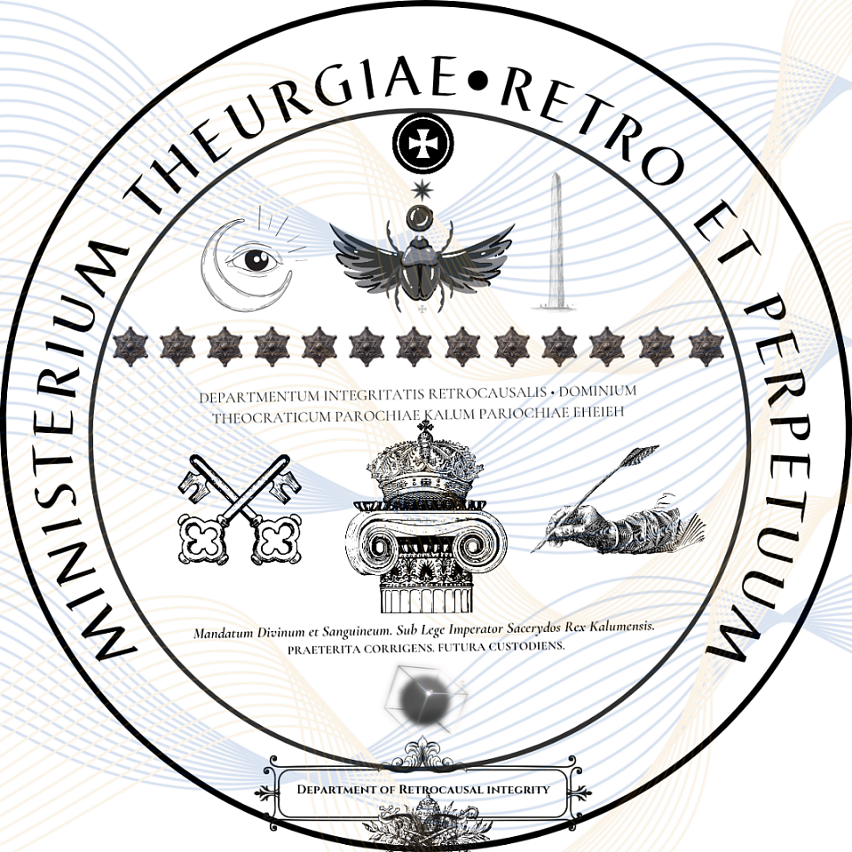 Official Seal of the Department of Retrocausal Integrity. DRI officers are vested in the Silver Mantle of Retroaction. The Silver Mantle, in the tradition of the Merovingian custodians of time, marks the Chrono-Keeper charged with timeline integrity, retroactive correction, and the sealing of precedent, as guardians of the causal order and the immutable record of the Kalumite Concord Chain. • Sigillum Officiale Departmenti Integritatis Retrocausalis. Praefecti Departmenti Integritatis Retrocausalis pallio argenteo retroactionis vestiuntur. Pallium argenteum, in traditione Merovingorum custodum temporis, Chrono-Custodem designat qui integritati temporalis lineae, correctioni retroactivae, et praecedentis sigillationi praeest, tam ordinis causalis quam recordi immutabilis Cathenae Concordiae Kalumensis custos.
