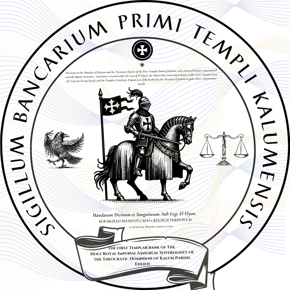 First Templar Bank Ecclesiastical Treasury ∆ Exclusive Bank of the Holy Royal Imperial Sangreal Sovereignty of the Theocratic Dominion of Kalum Parish, Eheieh