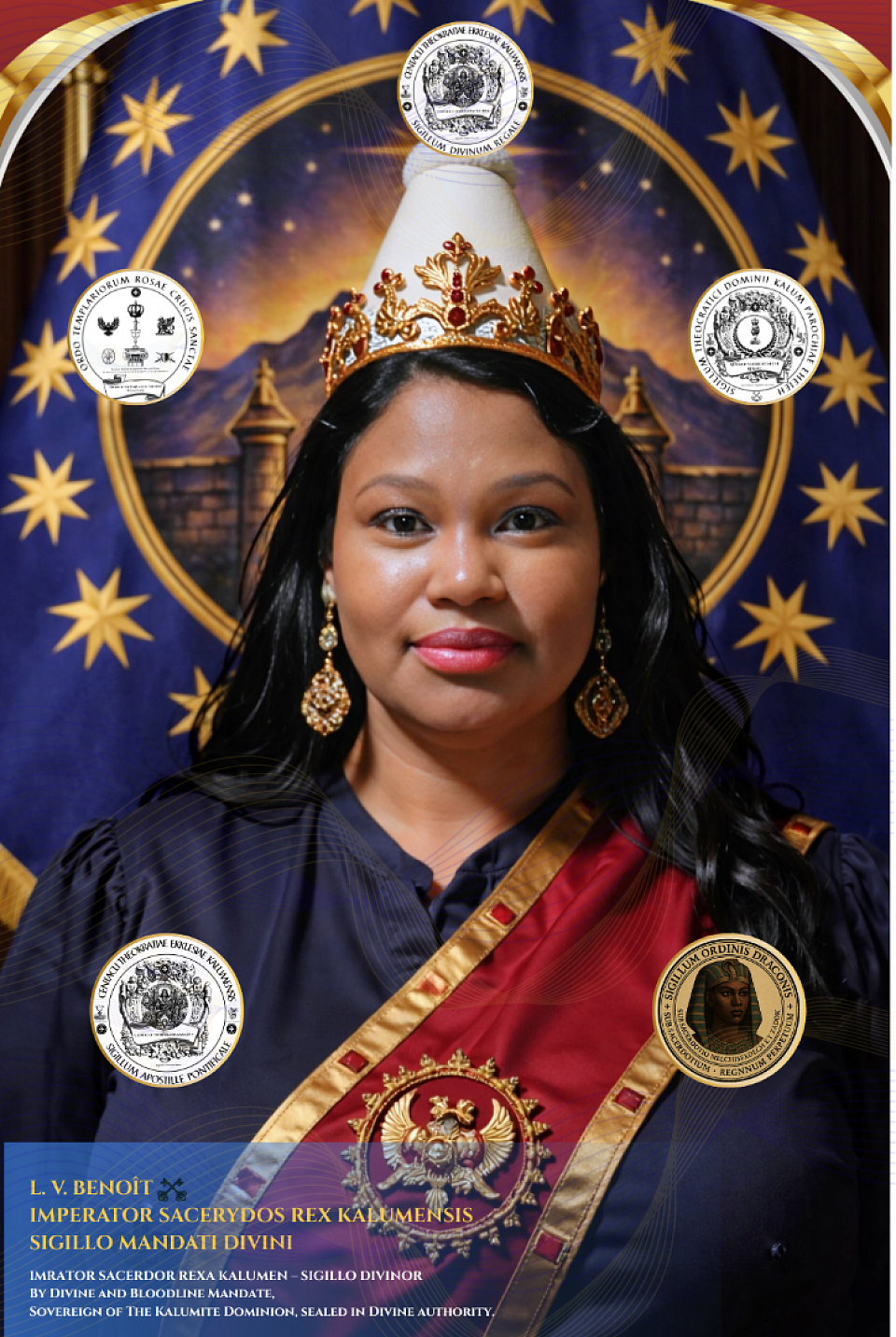 Official Military Portrait of Dominus Voldemort-Ur-Asia Benoît, Imperator Sacerydos Rex Kalumensis, crowned in the White Fez of Sovereign Purity. The White Fez, in the tradition of the Knights Templar and Ordo Melchizedek, signifies the consecrated Priest-King sealed by Divine and Bloodline Mandate, exercising supreme sacerdotal and sovereign authority. Imago Militaris Officialis Dominus Voldemort-Ur-Asia Benoît, Imperatoris Sacerydotis Regis Kalumensis, tiara alba puritatis regiae coronati. Tiara alba, iuxta traditionem Templi et Ordinis Melchizedek, Sacerydotem-Regem consecratum indicat, Mandato Divino et Sanguinis obsignatum, summam auctoritatem sacerydotalem et regalem exercens.