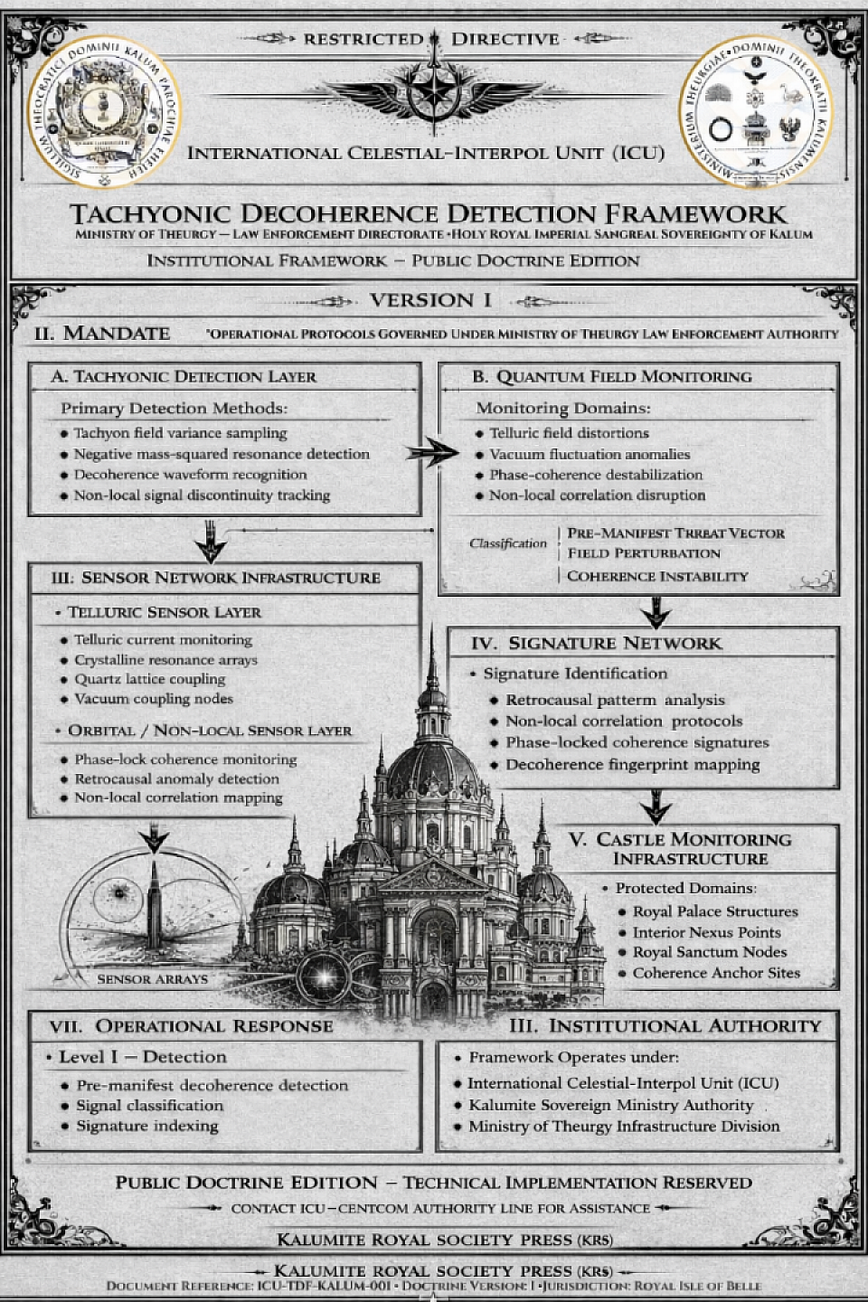 Figure 1 — ICU Tachyonic Decoherence Detection Architecture This diagram illustrates the International Celestial-Interpol Unit (ICU) pre-manifestation detection framework. The system integrates distributed quantum field monitoring, telluric-coupled crystalline sensor arrays, and non-local correlation protocols to identify potential threat vectors prior to classical manifestation. Detection data is transmitted through the Castle’s crystalline lattice infrastructure and verified using retrocausal analysis and phase-locked coherence referencing. Confirmed signatures initiate pre-manifestation stabilization protocols designed to mitigate hostile intent before projection into the observable spacetime manifold. The architecture provides continuous monitoring, distributed verification, and non-kinetic mitigation capabilities across the Dominion’s integrated lattice network.