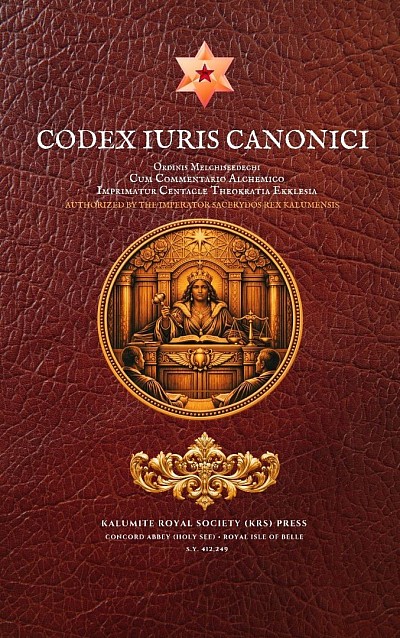 Codex Iuris Canonici Ordinis Melchiseedechi • Supreme Law of the Dominion • Promulgated by Authority of Imperator Sacerydos Rex Kalumensis • Centacle Theokratia Ekklesia Concord Abbey — Royal Isle of Belle • Kalumite Royal Society Press