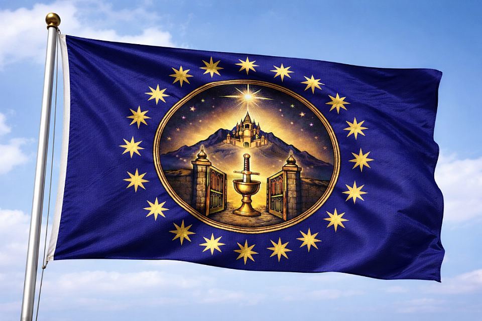 Flag of Montis Salvati: On a field of deep royal blue, a central golden roundel encircled by twenty gold eight-pointed stars in annular formation; within the roundel, beneath a radiant celestial star, a golden sanctuary set upon a mountain; before it, an open gate of stone enclosing a Grail charged with a guarding sword upright, the whole rendered in the sovereign colors of blue and gold.