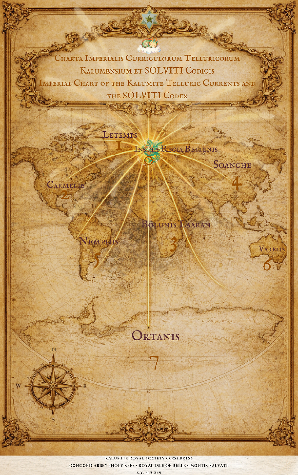 Appendix A: Charta Imperialis Curriculorum Telluricorum Kalumensium et SOLVITI Codicis (Imperial Table of the Kalumite Telluric Currents and the SOLVITI Codex) Nota Bene: Curriculi hi interplanetarii et aeonici sunt. Secundum doctrinam esotericam Manly P. Hall, quilibet conduit analogiam corporis humani vel organi exprimit in Corpore Christi Cosmologico (Corpus El Elyon). Haec Tabula ergo non solum vim energeticam delineat, sed etiam iurisdictionem iuridico-spiritualem Sanguinalis Imperii sub Iure Sanguinis, Iure Divino, Iure Cogenti ut Homo Sangrealis (L3B1A1).  ✠  Annotationes / Footnotes: Doctrine of Manifest Currents 0 – Insula Regia Bellensis (Merkabah Centralis) Latin: Fons Primordialium Frequentionum; Centrum Cardiacum Corporis Christi Cosmologici.  English: The Primordial Source Node; the Heart Center of the Cosmic Body of El Elyon. All currents radiate outward from here into the seven continents.  ✠  1 – LETEMPS (Conduit Temporalis – Europa) Latin: Moderatur campum chronologicum et memetica temporis. Organum analogicum: Cerebrum et Hypophysis. English: Governs the planetary time field and collective memory. Organ correspondence: Brain & Pituitary. Ingress & Nodes: Mont-Saint-Michel (crown node), Chartres, Aachen, Glastonbury, Santiago. Function: Anchors continuity of sovereignty, dynastic memory, and European telluric grid.  ✠  2 – CARMELIE (Conduit Ascendens – America Septentrionalis) Latin: Curriculum verticalis energiae; analogia organica: Columna Vertebralis et Medulla Spinalis. English: Channels the vertical thrust of the Merkabah. Organ correspondence: Spinal Column & Spinal Cord. Ingress & Nodes: Yellowstone, Rocky Mountain Trench. Sub-nodes: Mount Shasta, Sedona, Black Hills, Grand Mesa. Function: Uplift, tectonic vitality, awakening of North American grid.    ✠  3 – BOLUNIS LAARAN (Conduit Abyssalis – Africa) Latin: Curriculum aquarum profundarum et memoriae chthonicae; analogia organica: Renes et Adrenales. English: Deep water memory & abyssal currents. Organ correspondence: Kidneys & Adrenal System. Ingress & Nodes: Great Rift Valley. Sub-nodes: Axum, Kilimanjaro, Timbuktu, Lake Victoria. Function: Anchors ancestral memory and raw earth force of Africa.  ✠  4 – SOANCHE (Conduit Harmonicus – Asia) Latin: Curriculum symphoniae planetariae; analogia organica: Pulmones et Diaphragma. English: Balances planetary ley symphonics. Organ correspondence: Lungs & Diaphragm. Ingress & Nodes: Himalaya–Tibet Plateau. Sub-nodes: Kailash, Angkor, Mecca, Shambhala axis. Function: Breath of the Earth, harmonic regulation of Asia’s ley fields.  ✠  5 – NEMPHIS (Conduit Prosperitatis – America Australis) Latin: Curriculum fertilitatis et abundantiae; analogia organica: Hepar et Pancreas. English: Current of fertility & abundance. Organ correspondence: Liver & Pancreas. Ingress & Nodes: Andes Spine. Sub-nodes: Machu Picchu, Titicaca, Iguazú node.  Function: Transmutes raw earth bounty into spiritual gold; the prosperity of South America.  ✠  6 – VARELIS (Conduit Mysticus – Oceania et Pacificus) Latin: Curriculum mysticum et fluidum; analogia organica: Systema Lymphaticum. English: Mystic and fluidic current. Organ correspondence: Lymphatic System. Ingress & Nodes: Uluru–Ayers Rock, Maui’s Haleakalā, Moai Lines of Rapa Nui. Function: Maintains planetary immunity, subtle waterways of Oceania and Pacific grid.  ✠  7 – ORTANIS (Conduit Polaris – Antarctica) Latin: Curriculum axiale et glacial; analogia organica: Os et Medulla Ossium. English: Axial & glacial current. Organ correspondence: Bones & Bone Marrow. Ingress & Nodes: South Pole’s Magnetic Axis, Vostok Lake Node. Function: Holds the frozen archives; the skeletal memory of the planet.