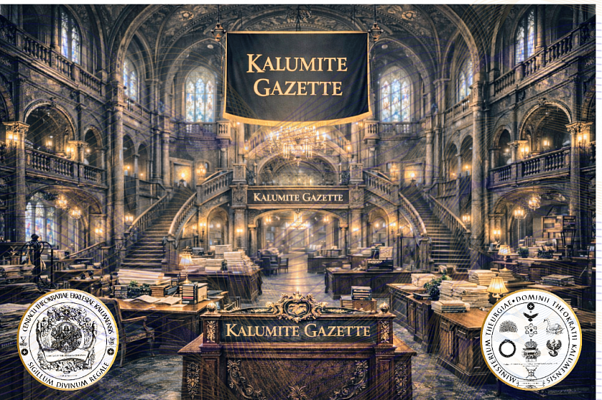 The above portrait is hereby affixed and adopted as the official portrait of the Kalumite Gazette pressroom. Imago suprascripta hic affigitur ut sit imago officialis, perpetuo habenda, prelo actorum diurnorum 'Kalumite Gazette' dicata.